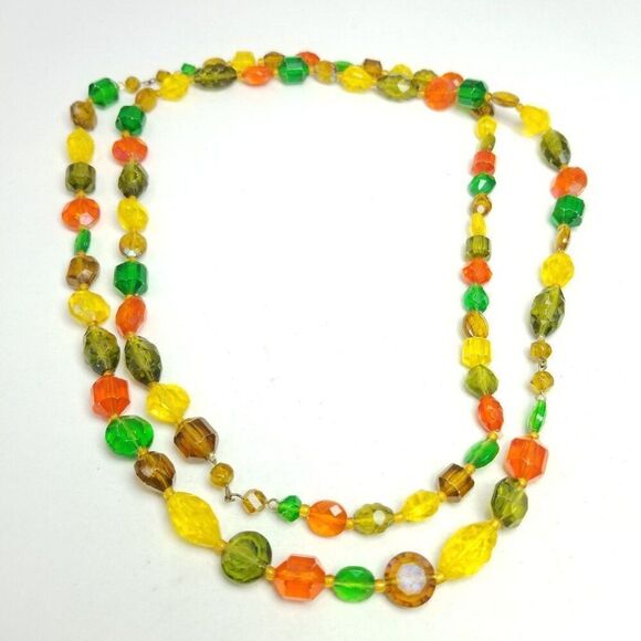 Vintage Long Beaded Single Strand Yellow Green Orange Plastic Necklace, 60s 70s - Picture 1 of 6